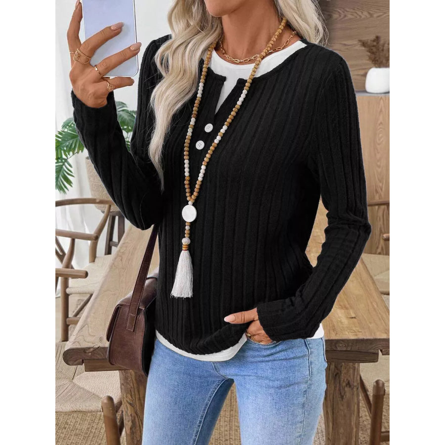 Ribbed Knit Long Sleeve Fake Two-Piece T-Shirt Black / S Apparel and Accessories