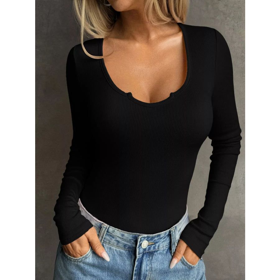 Ribbed Knit Long Sleeve Fitted T-Shirt Apparel and Accessories