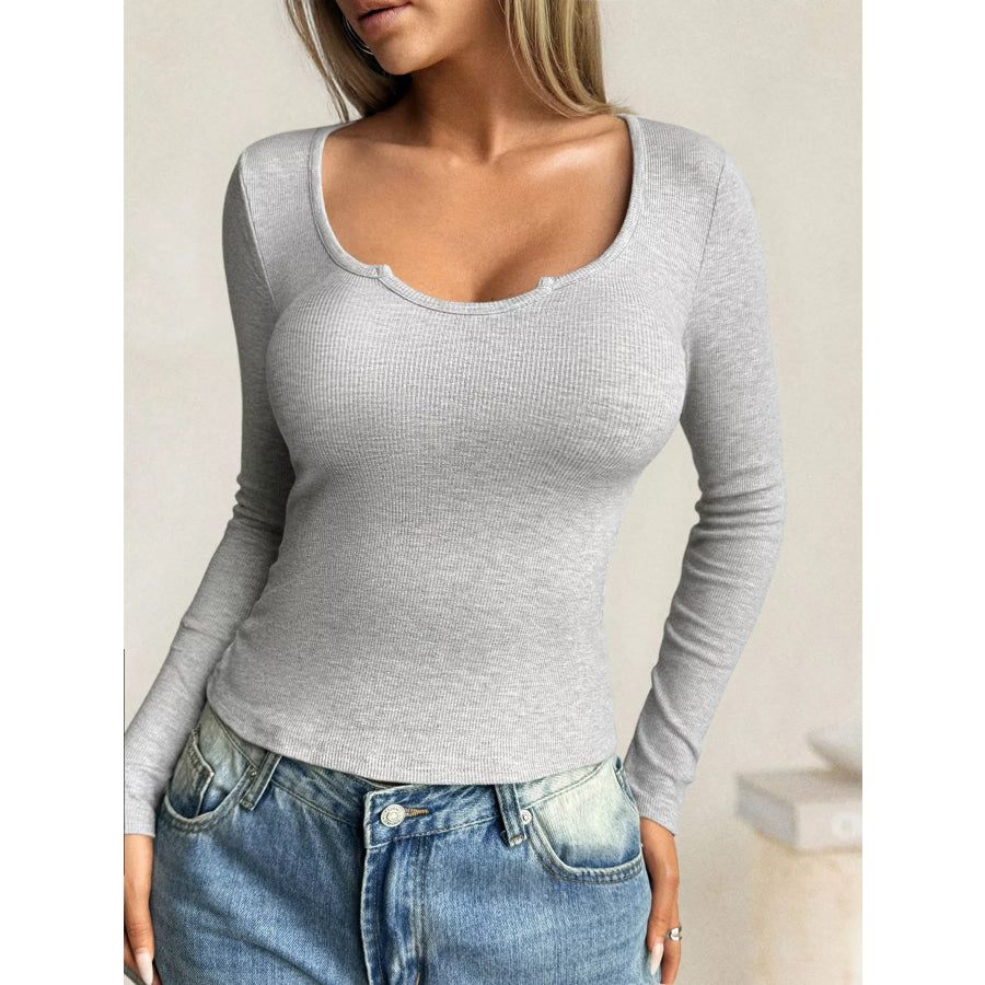 Ribbed Knit Long Sleeve Fitted T-Shirt Apparel and Accessories