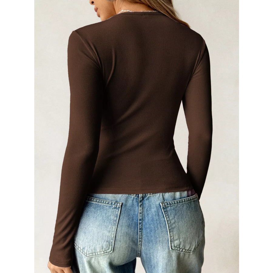 Ribbed Knit Long Sleeve Fitted T-Shirt Apparel and Accessories