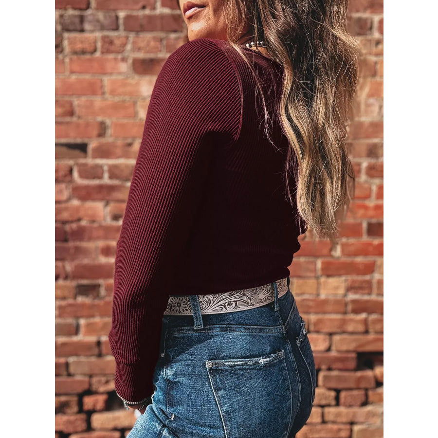 Ribbed Knit Long Sleeve Fitted T-Shirt Apparel and Accessories