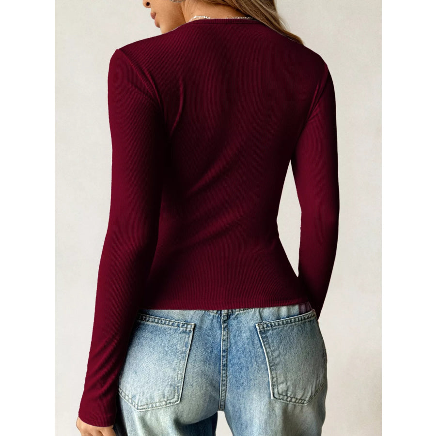 Ribbed Knit Long Sleeve Fitted T-Shirt Apparel and Accessories