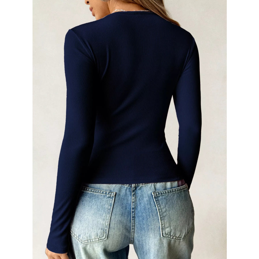 Ribbed Knit Long Sleeve Fitted T-Shirt Apparel and Accessories