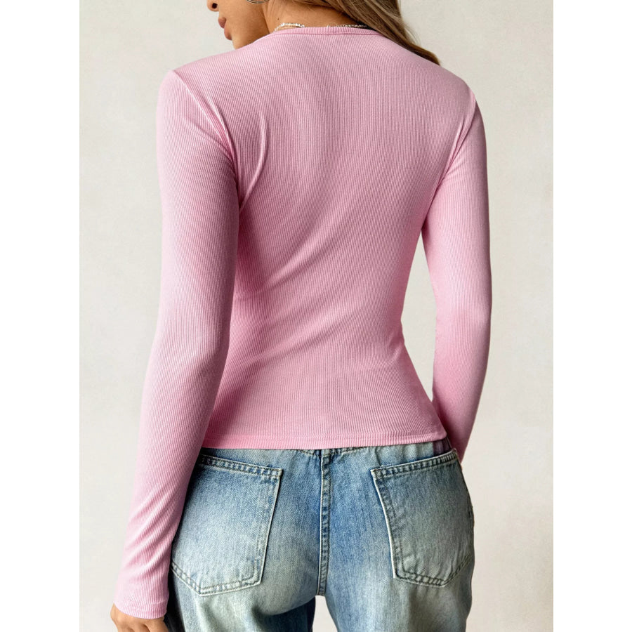 Ribbed Knit Long Sleeve Fitted T-Shirt Apparel and Accessories