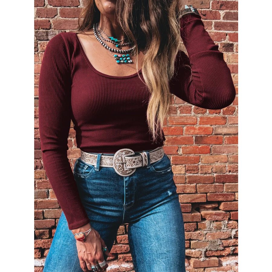 Ribbed Knit Long Sleeve Fitted T-Shirt Brown / S Apparel and Accessories