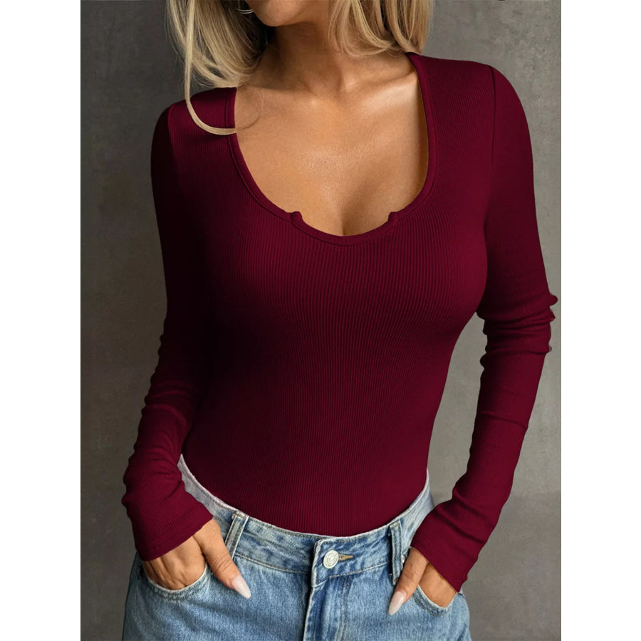 Ribbed Knit Long Sleeve Fitted T-Shirt Burgundy / S Apparel and Accessories