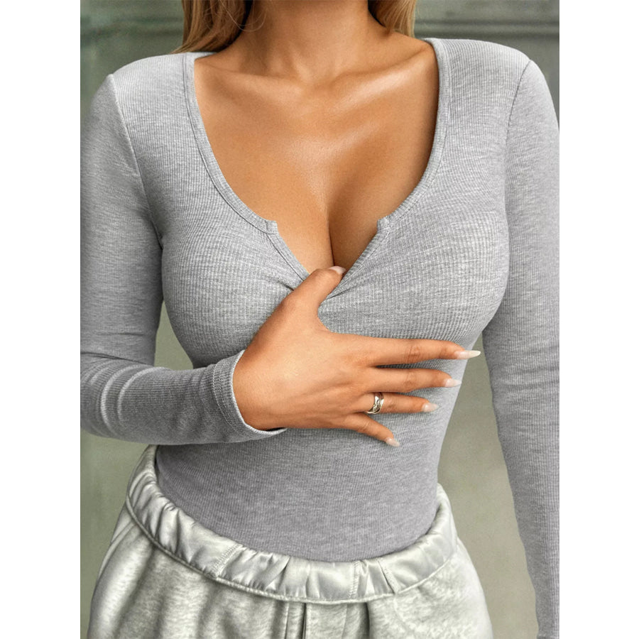 Ribbed Knit Long Sleeve Fitted T-Shirt Gray / S Apparel and Accessories