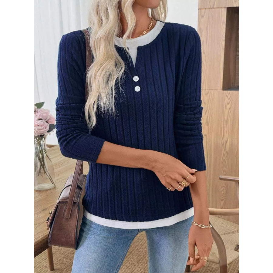 Ribbed Knit Long Sleeve Henley T-Shirt Apparel and Accessories