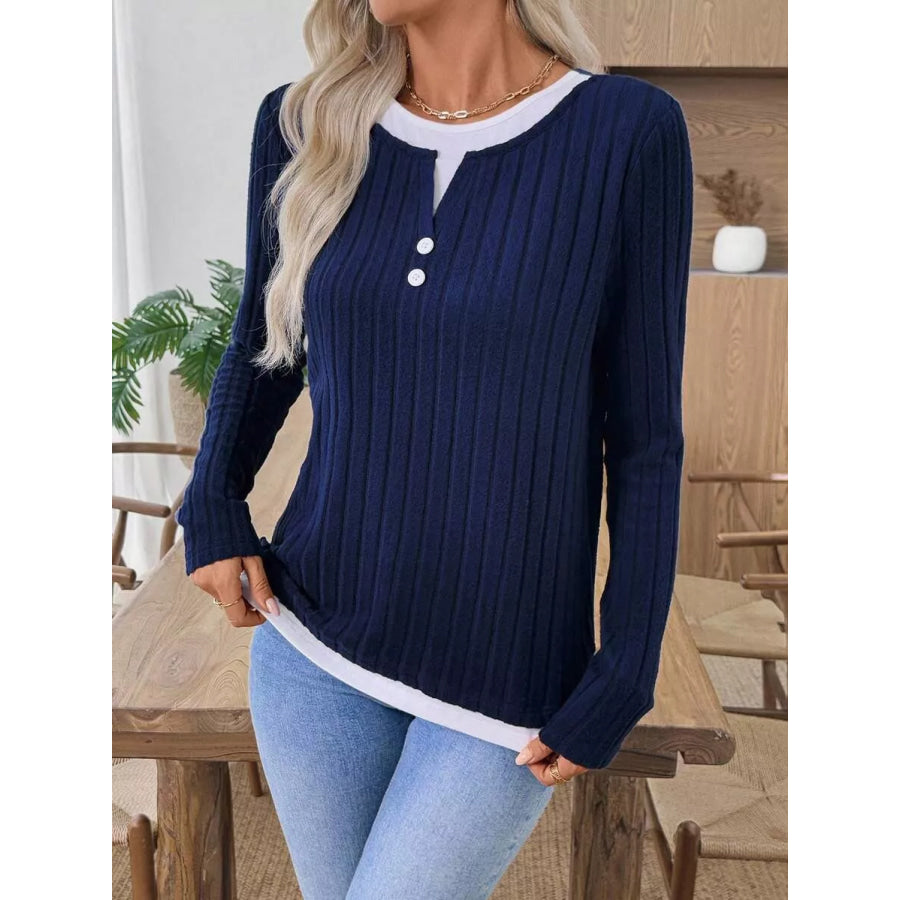 Ribbed Knit Long Sleeve Henley T-Shirt Apparel and Accessories