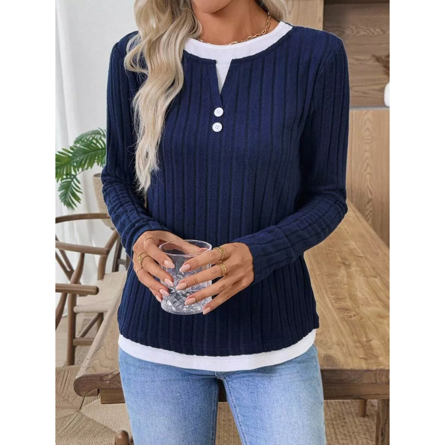 Ribbed Knit Long Sleeve Henley T-Shirt Apparel and Accessories