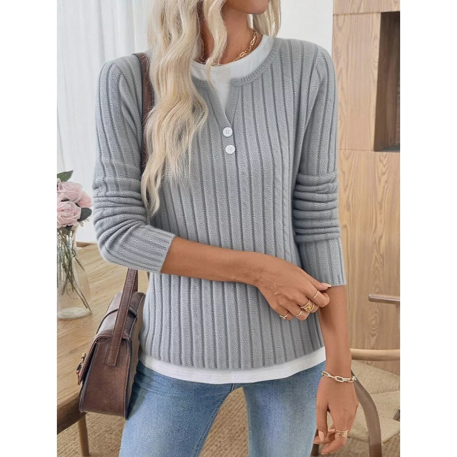 Ribbed Knit Long Sleeve Henley T-Shirt Apparel and Accessories