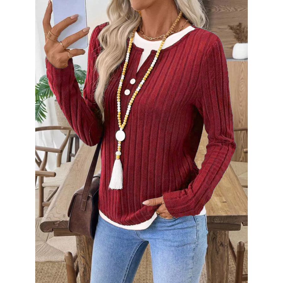 Ribbed Knit Long Sleeve Henley T-Shirt Apparel and Accessories