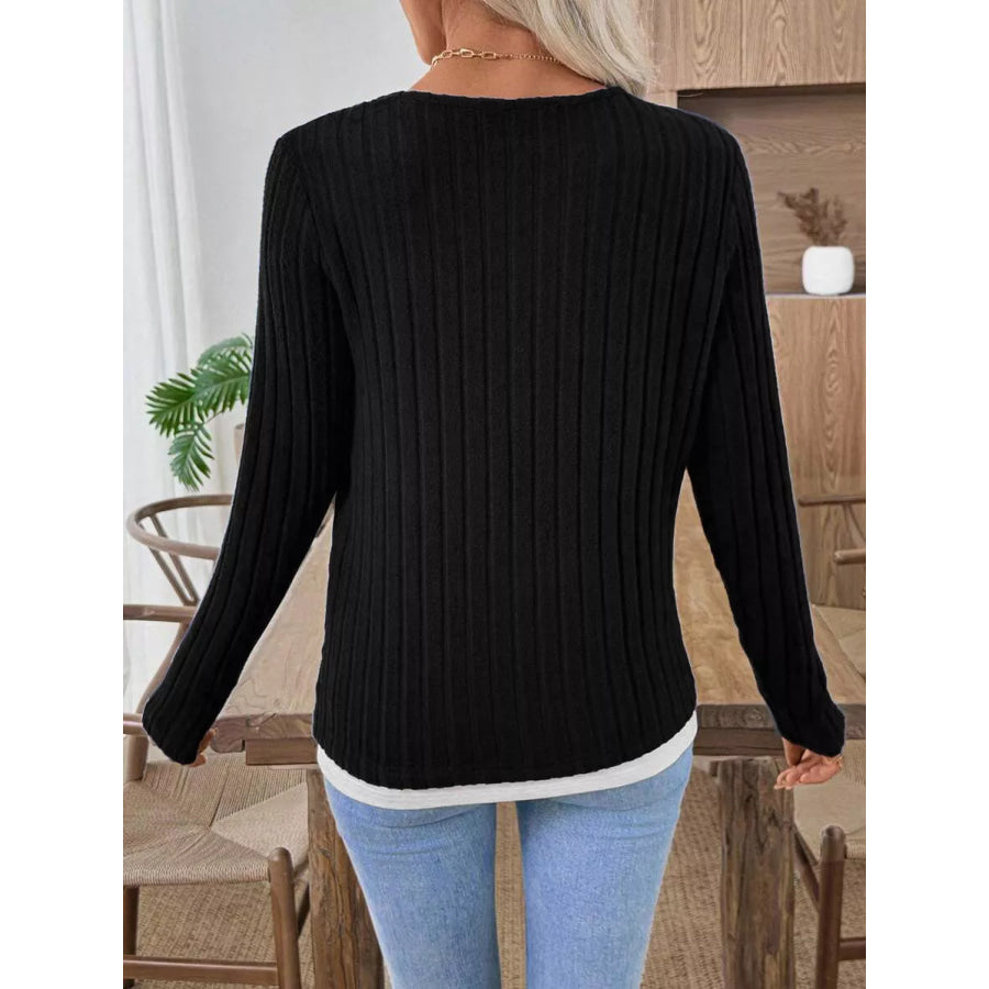 Ribbed Knit Long Sleeve Henley T-Shirt Apparel and Accessories