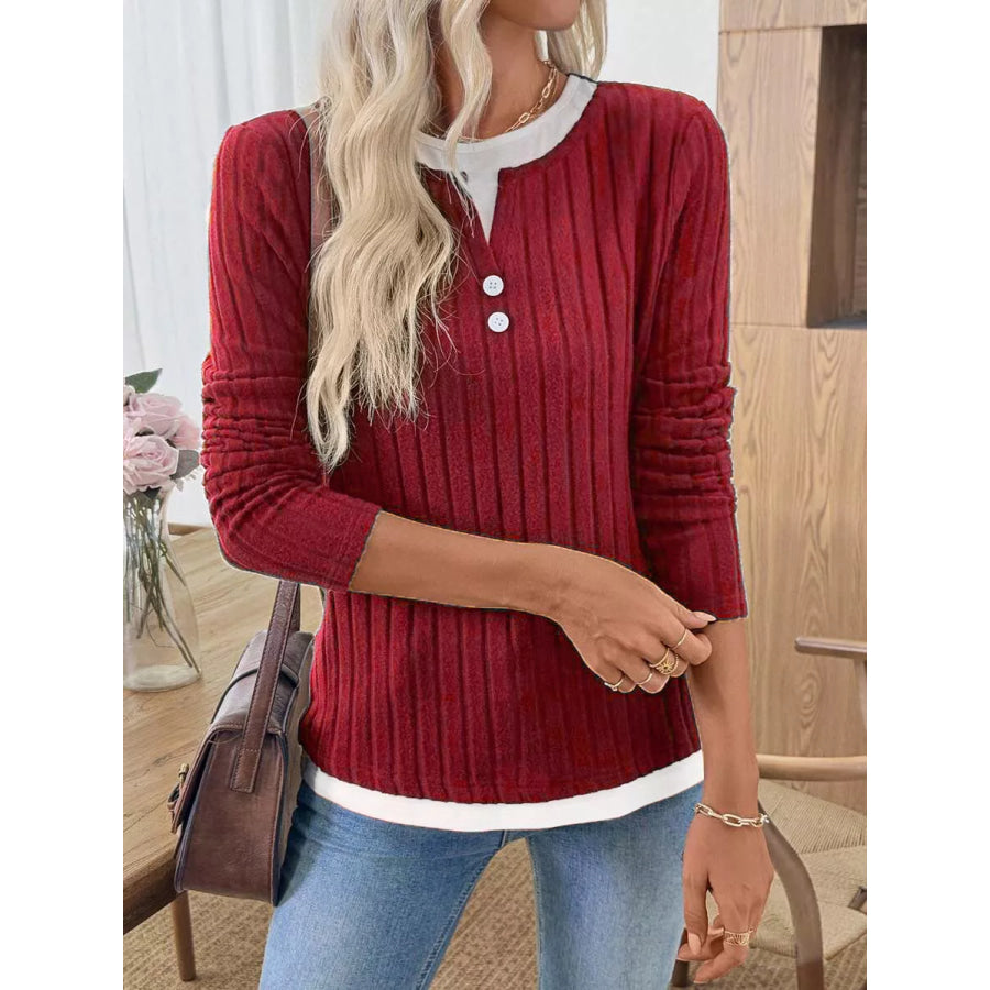 Ribbed Knit Long Sleeve Henley T-Shirt Apparel and Accessories