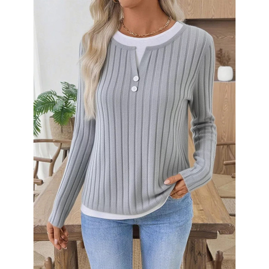 Ribbed Knit Long Sleeve Henley T-Shirt Apparel and Accessories