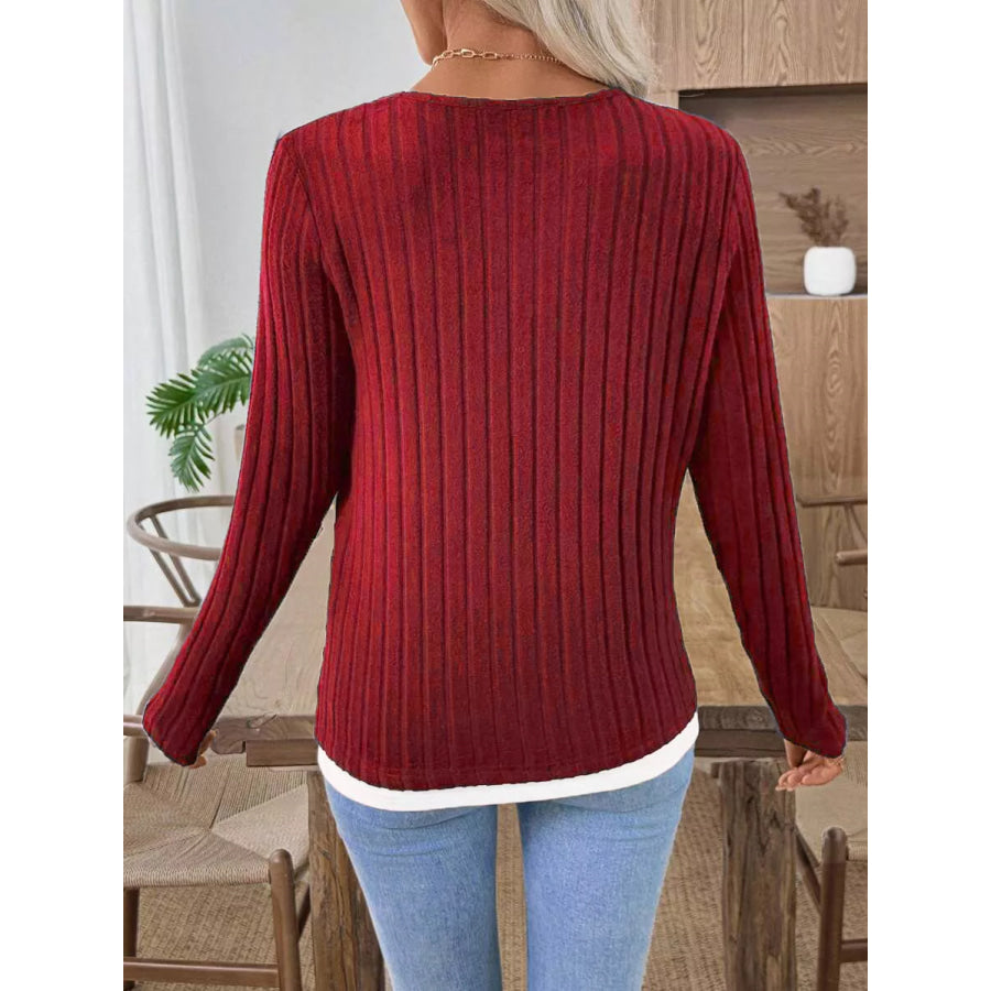 Ribbed Knit Long Sleeve Henley T-Shirt Apparel and Accessories
