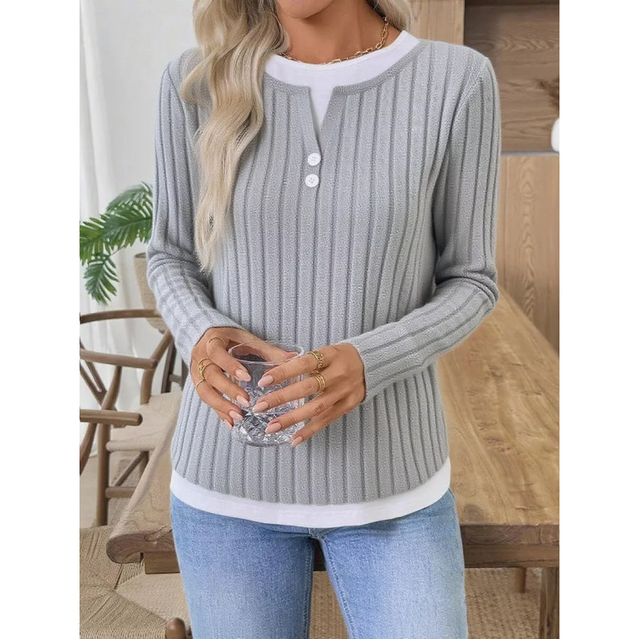 Ribbed Knit Long Sleeve Henley T-Shirt Apparel and Accessories