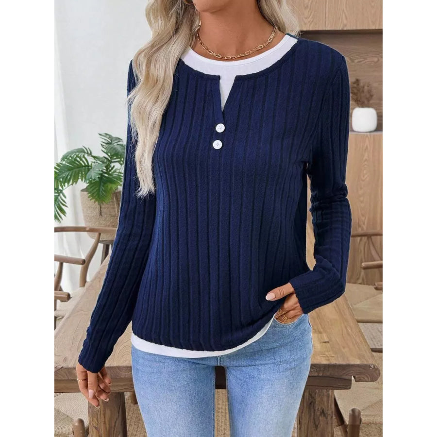 Ribbed Knit Long Sleeve Henley T-Shirt Apparel and Accessories