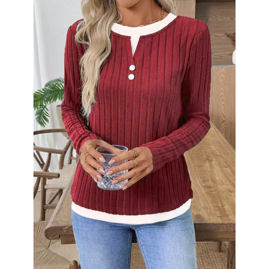 Ribbed Knit Long Sleeve Henley T-Shirt Apparel and Accessories