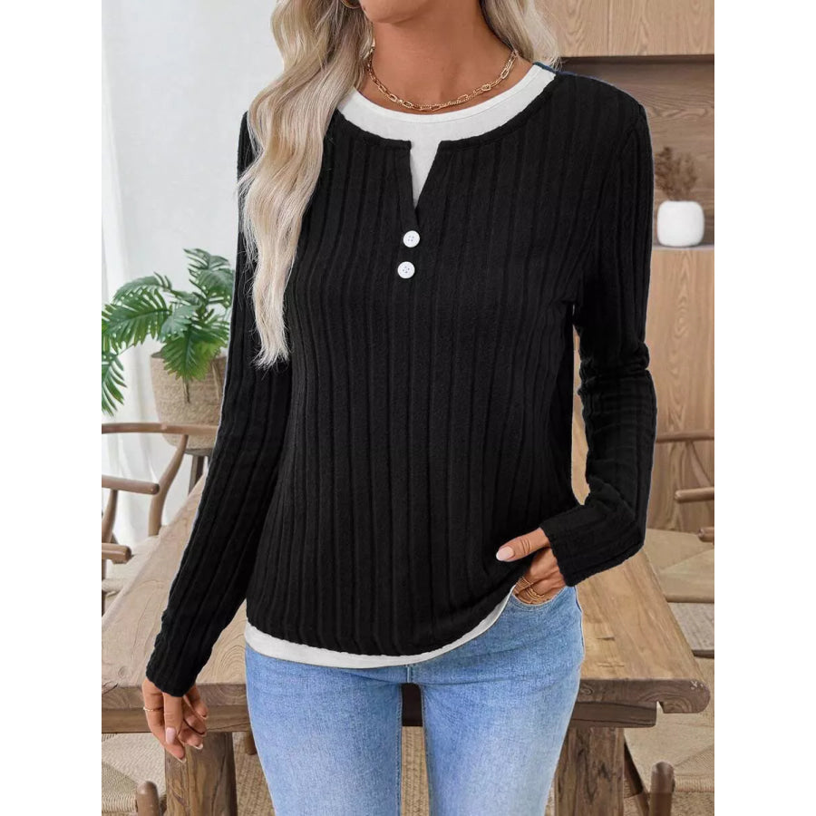 Ribbed Knit Long Sleeve Henley T-Shirt Black / S Apparel and Accessories