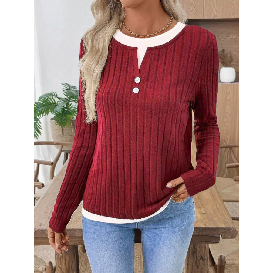 Ribbed Knit Long Sleeve Henley T-Shirt Deep Red / S Apparel and Accessories
