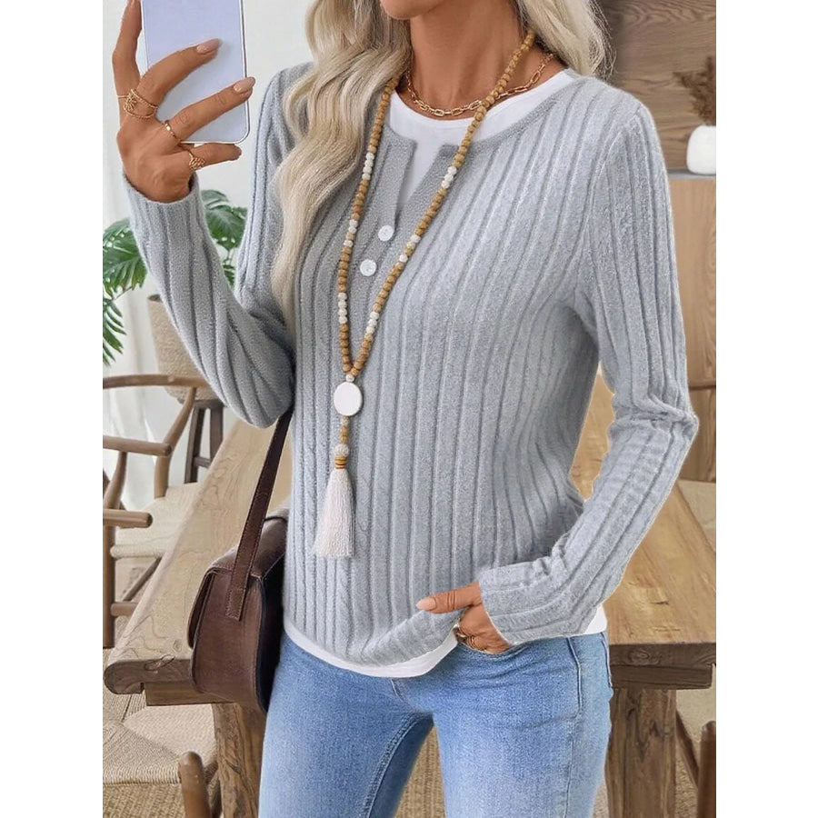 Ribbed Knit Long Sleeve Henley T-Shirt Light Gray / S Apparel and Accessories