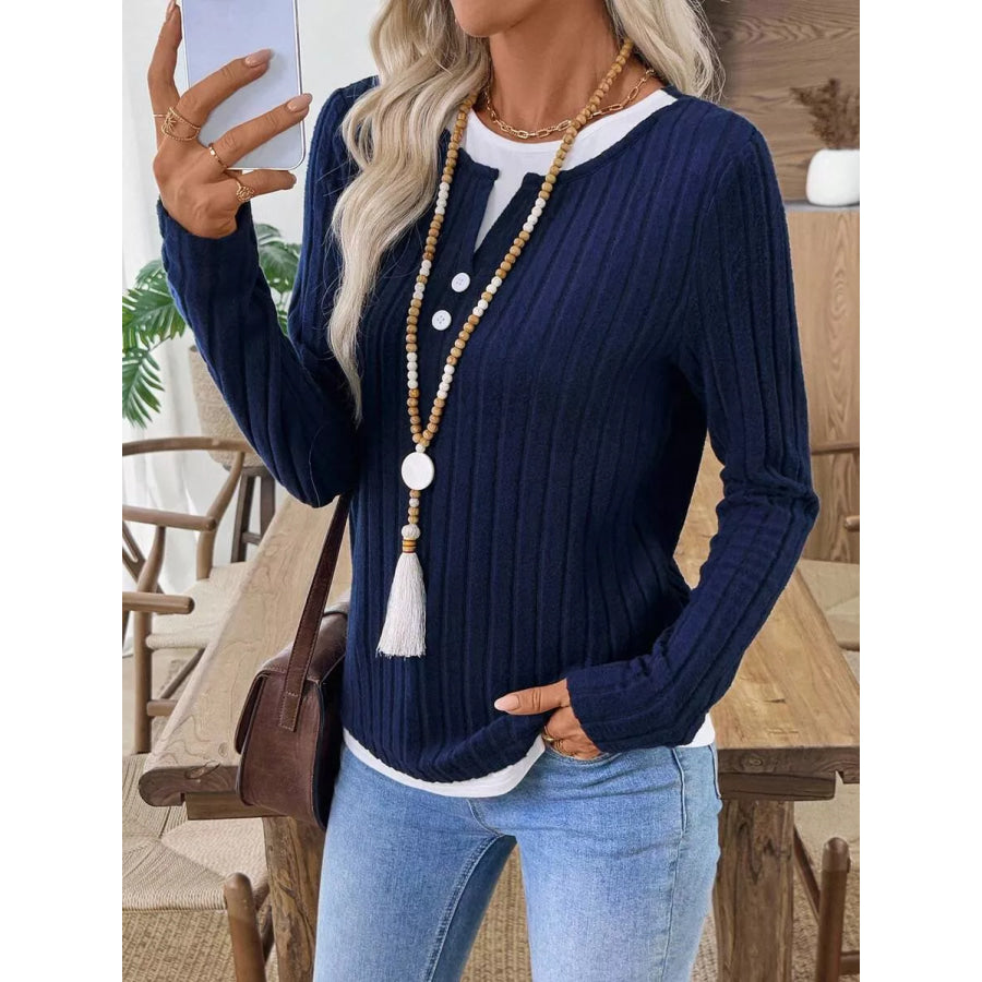 Ribbed Knit Long Sleeve Henley T-Shirt Navy / S Apparel and Accessories