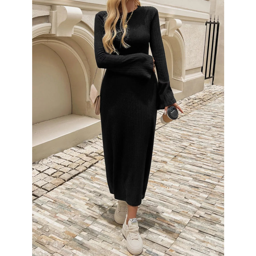 Ribbed Knit Long Sleeve Midi Dress Apparel and Accessories
