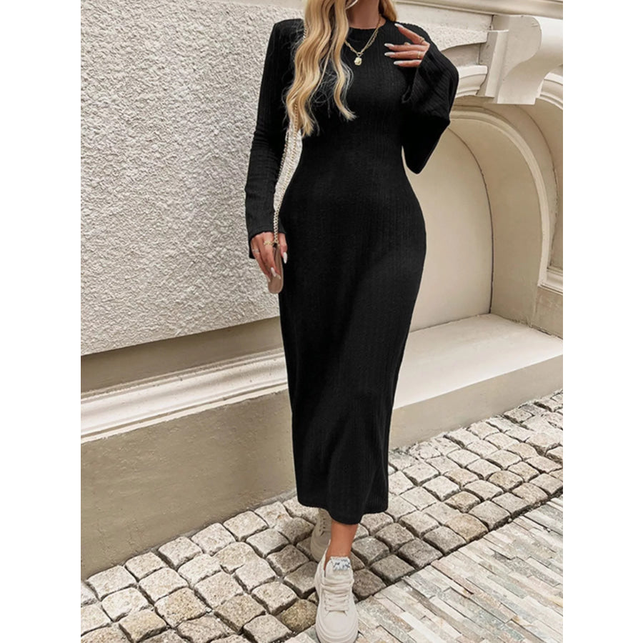 Ribbed Knit Long Sleeve Midi Dress Apparel and Accessories