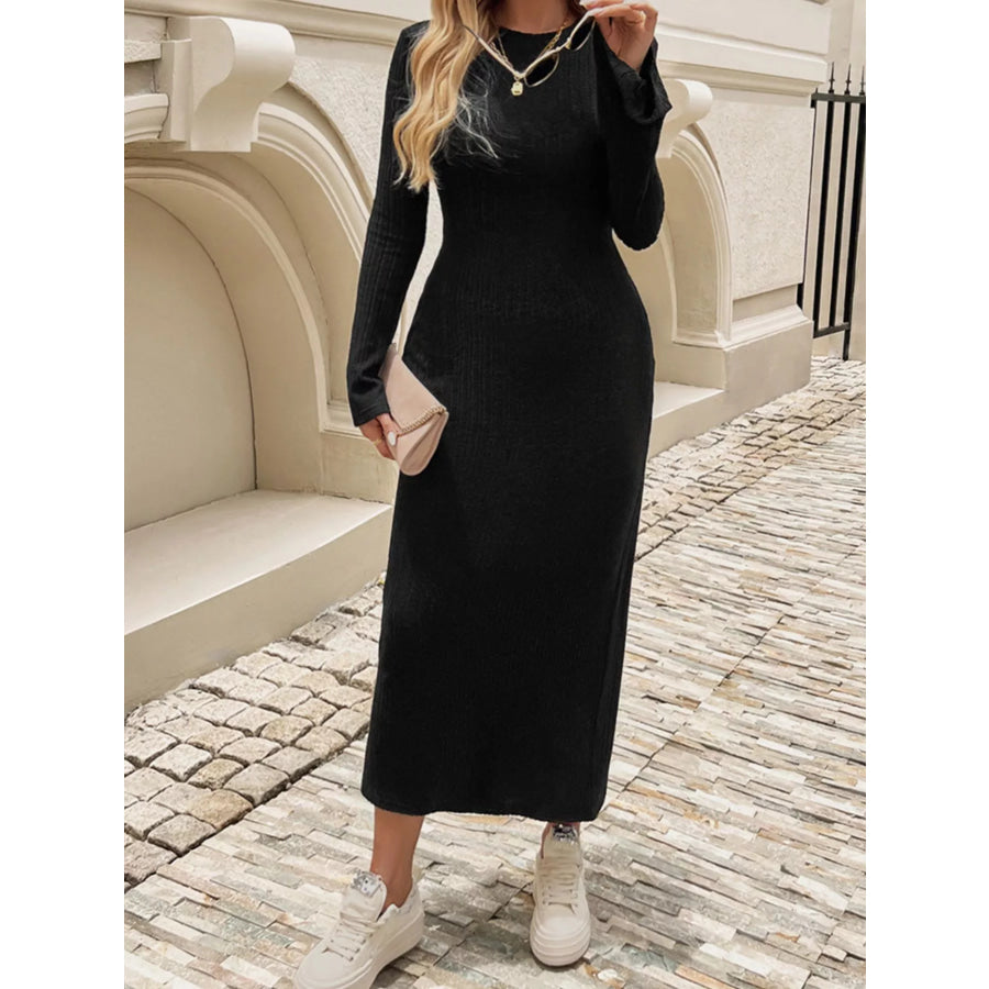 Ribbed Knit Long Sleeve Midi Dress Apparel and Accessories