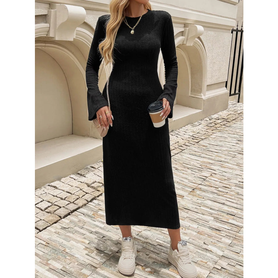 Ribbed Knit Long Sleeve Midi Dress Apparel and Accessories