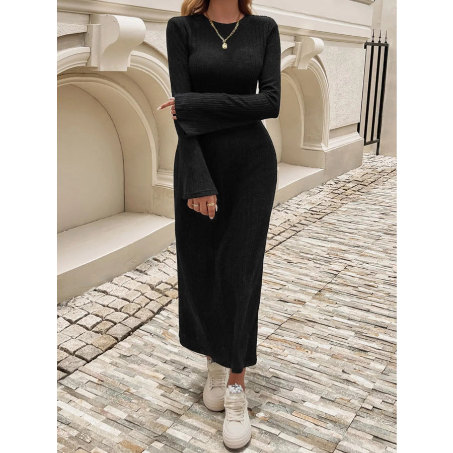 Ribbed Knit Long Sleeve Midi Dress Apparel and Accessories