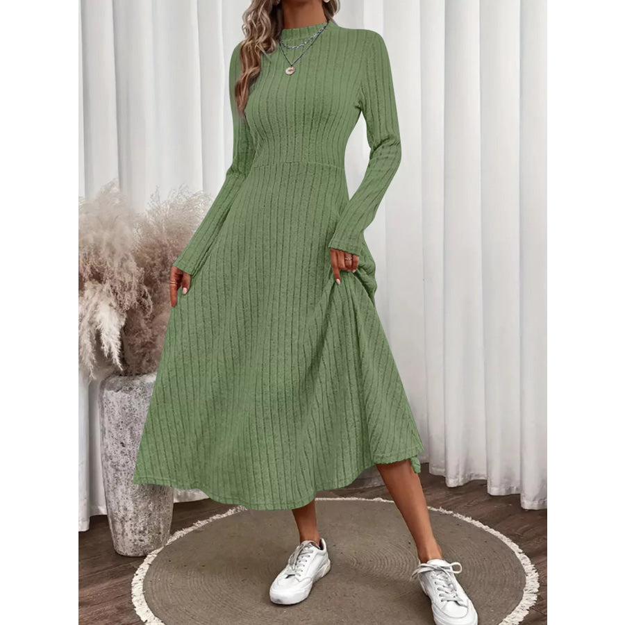 Ribbed Knit Long Sleeve Midi Dress Army Green / S Apparel and Accessories