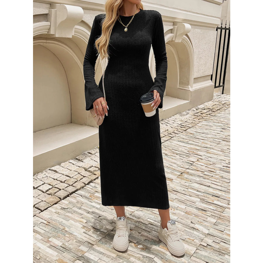 Ribbed Knit Long Sleeve Midi Dress Black / S Apparel and Accessories