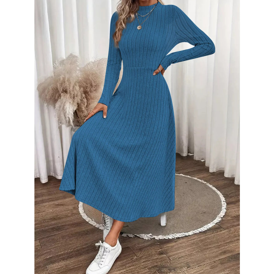 Ribbed Knit Long Sleeve Midi Dress Blue / S Apparel and Accessories