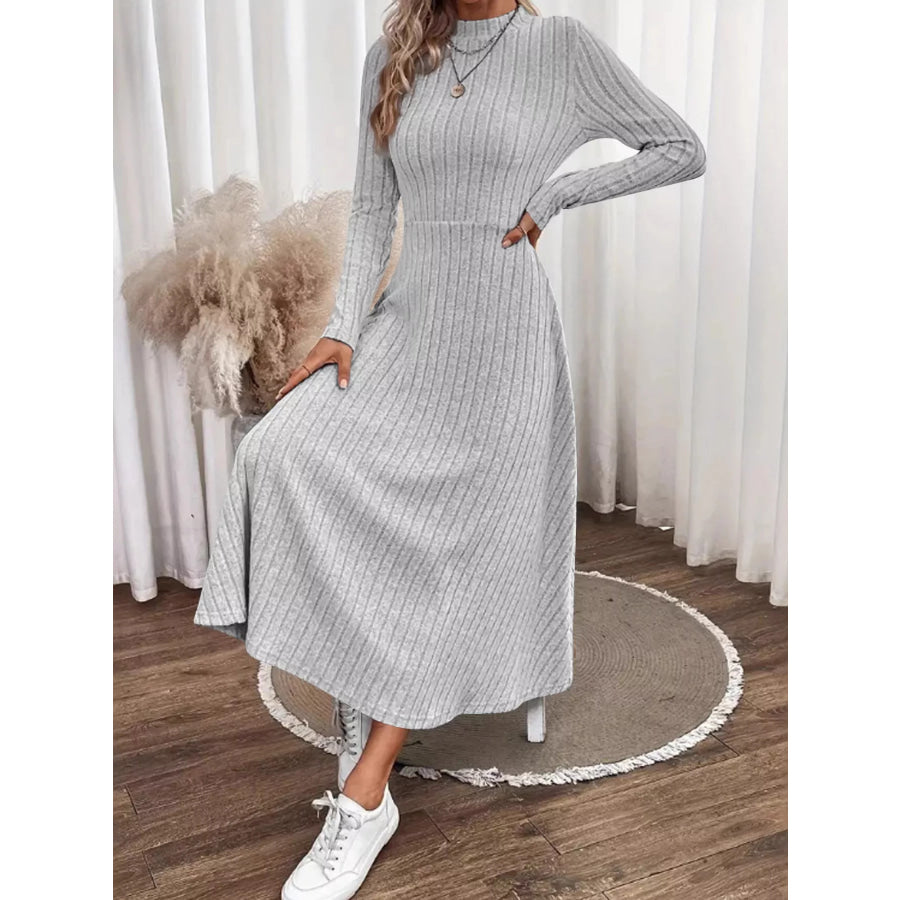 Ribbed Knit Long Sleeve Midi Dress Gray / S Apparel and Accessories