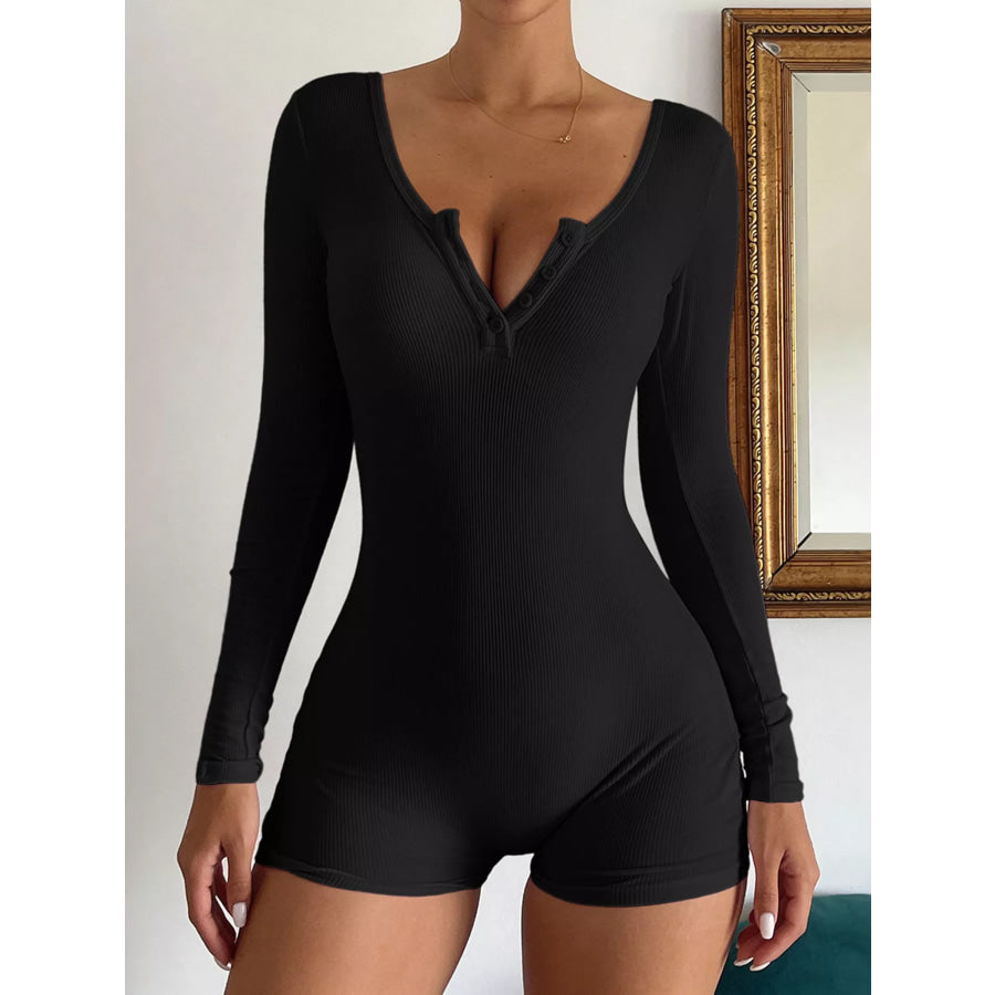 Ribbed Knit Long Sleeve Romper Black / S Apparel and Accessories