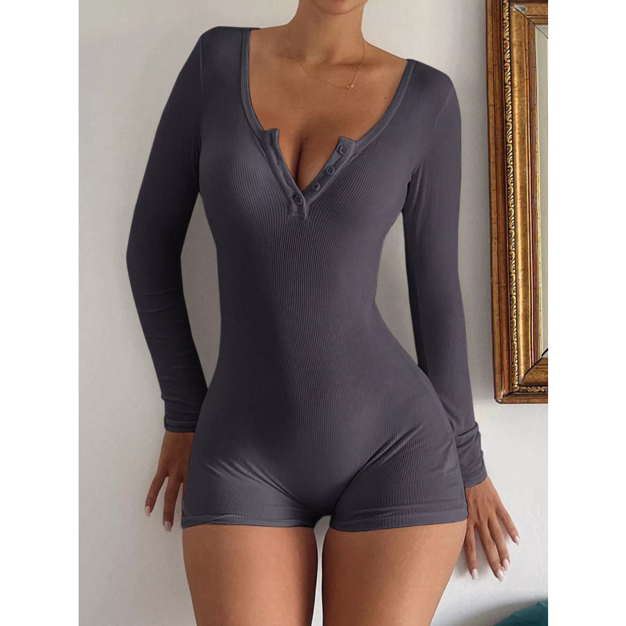 Ribbed Knit Long Sleeve Romper Gray / S Apparel and Accessories