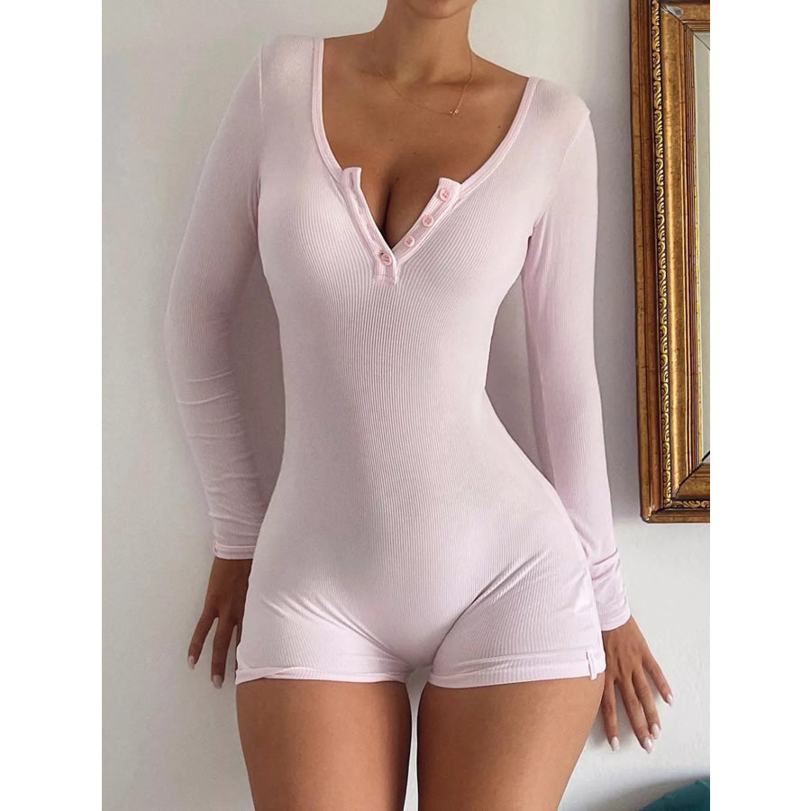 Ribbed Knit Long Sleeve Romper Pink / S Apparel and Accessories