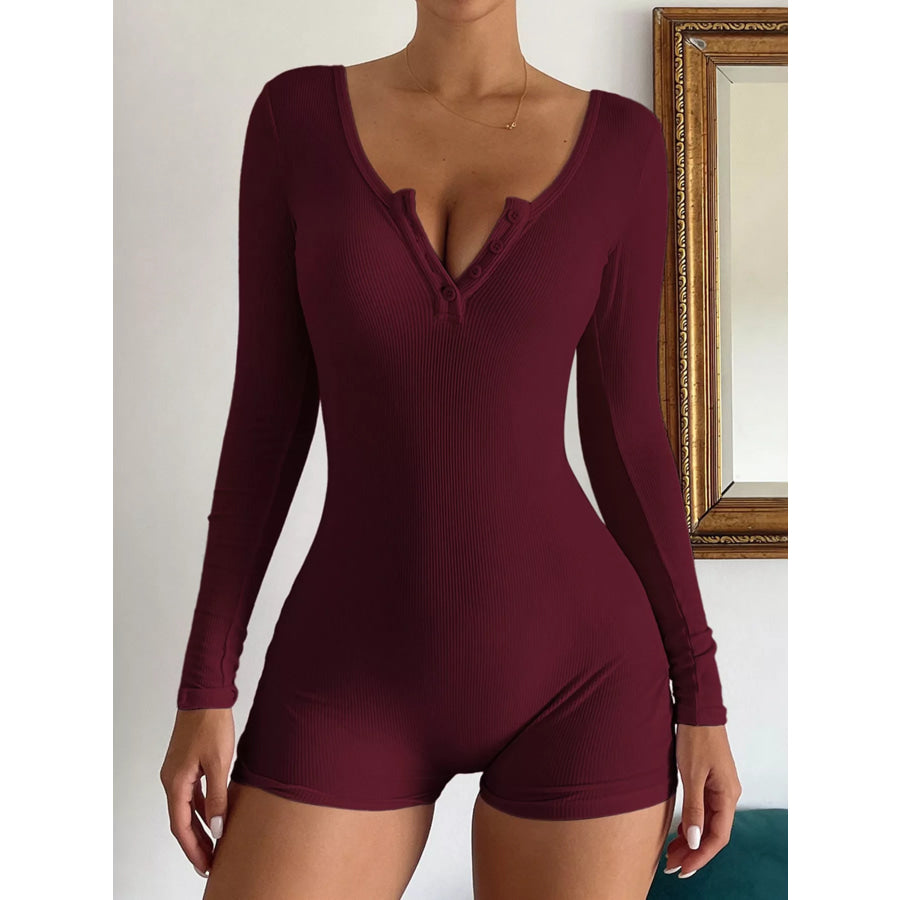 Ribbed Knit Long Sleeve Romper Purple Red / S Apparel and Accessories