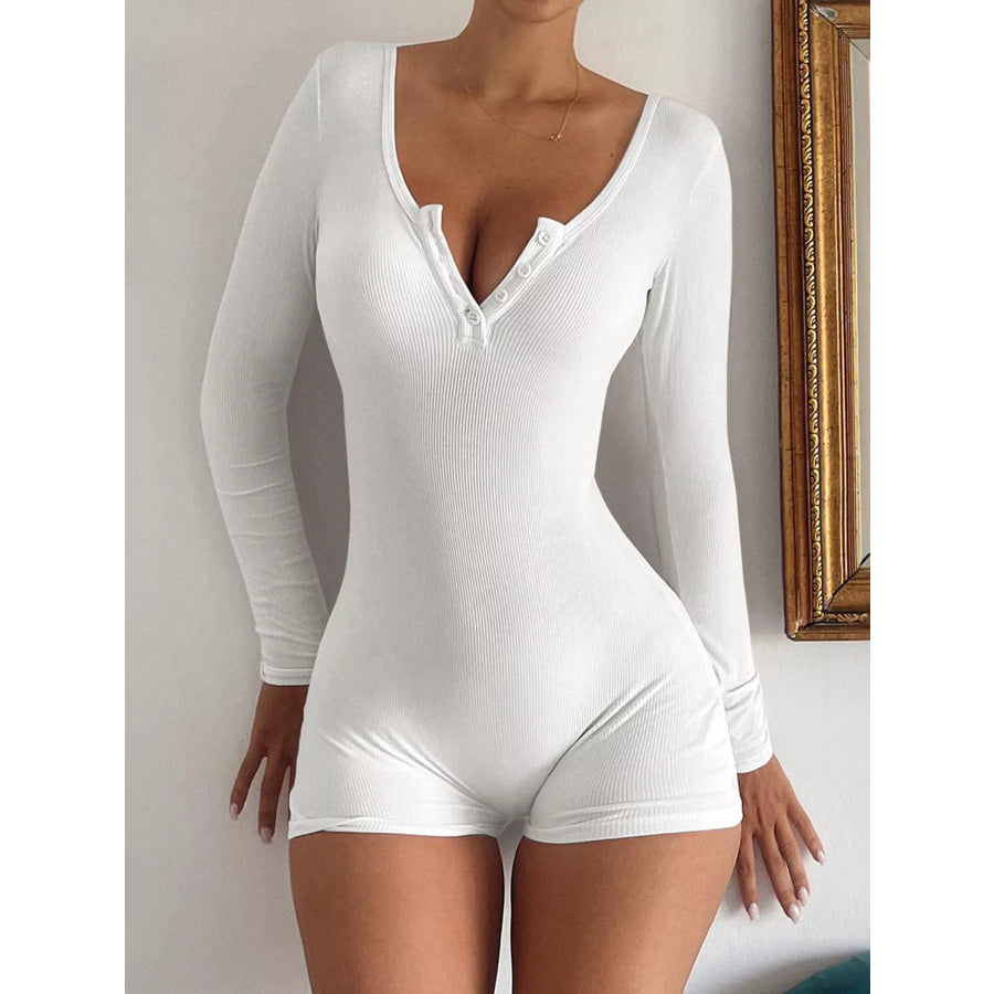 Ribbed Knit Long Sleeve Romper White / S Apparel and Accessories