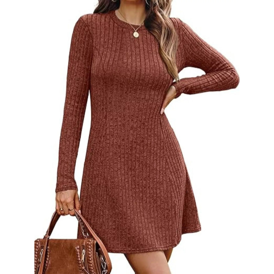Ribbed Knit Long Sleeve Slim Fit Dress Caramel / S Apparel and Accessories
