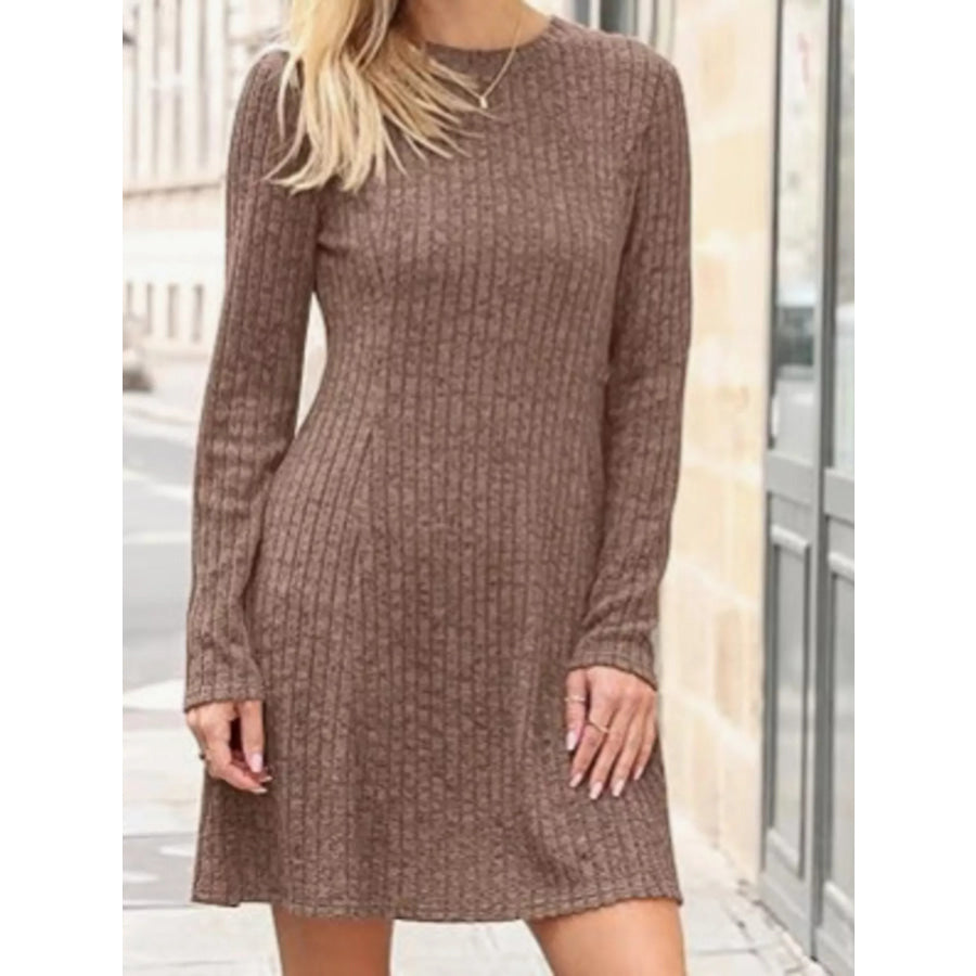 Ribbed Knit Long Sleeve Slim Fit Dress Mocha / S Apparel and Accessories
