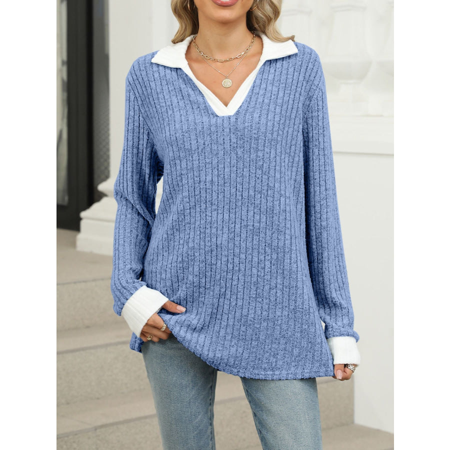 Ribbed Knit Long Sleeve T-Shirt Apparel and Accessories
