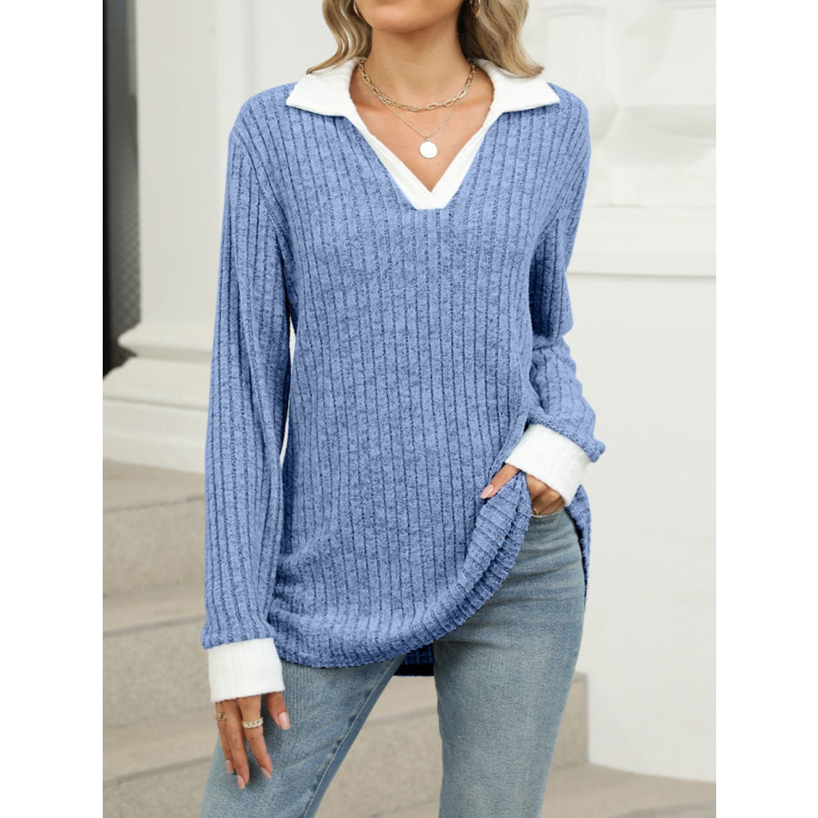 Ribbed Knit Long Sleeve T-Shirt Apparel and Accessories