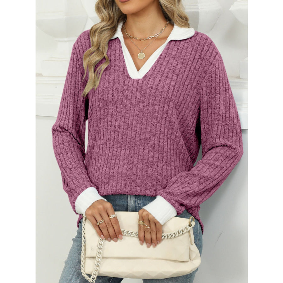 Ribbed Knit Long Sleeve T-Shirt Apparel and Accessories