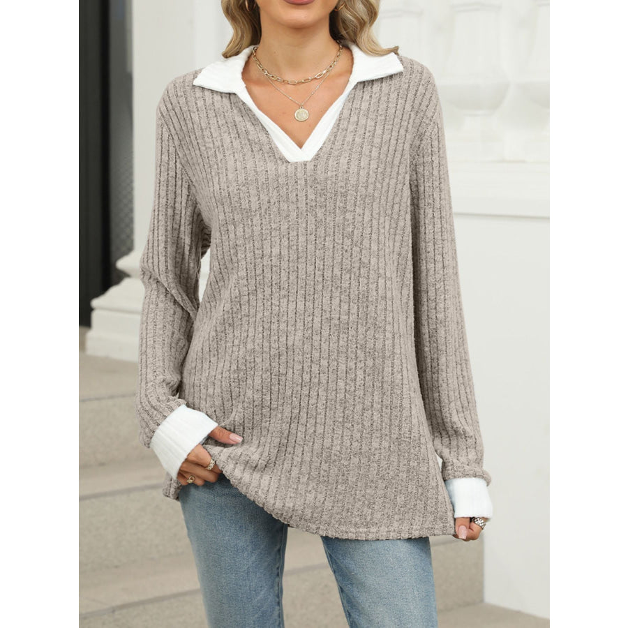 Ribbed Knit Long Sleeve T-Shirt Apparel and Accessories