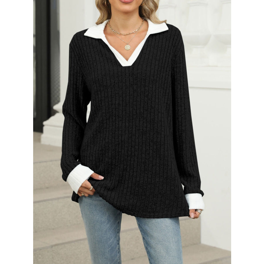 Ribbed Knit Long Sleeve T-Shirt Apparel and Accessories