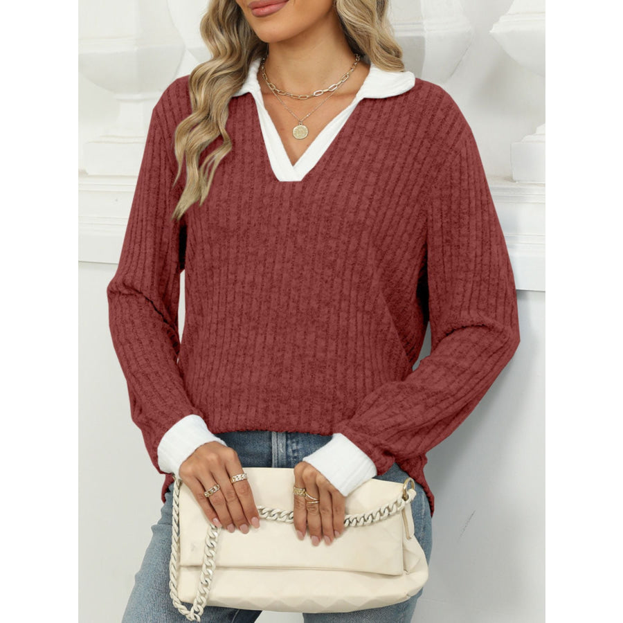 Ribbed Knit Long Sleeve T-Shirt Apparel and Accessories