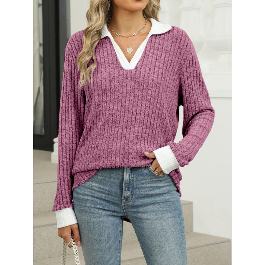 Ribbed Knit Long Sleeve T-Shirt Apparel and Accessories